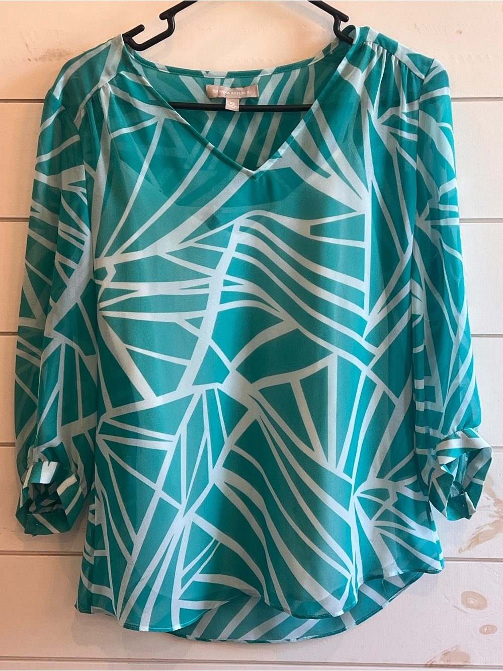 Banana Republic Teal and White Abstract V-Neck Blouse